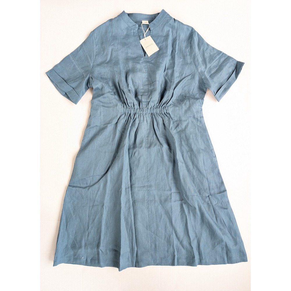 Lintico Elastic Waistband Dress Womens Medium NWT 100% Linen‎ V-Neck Steel Blue